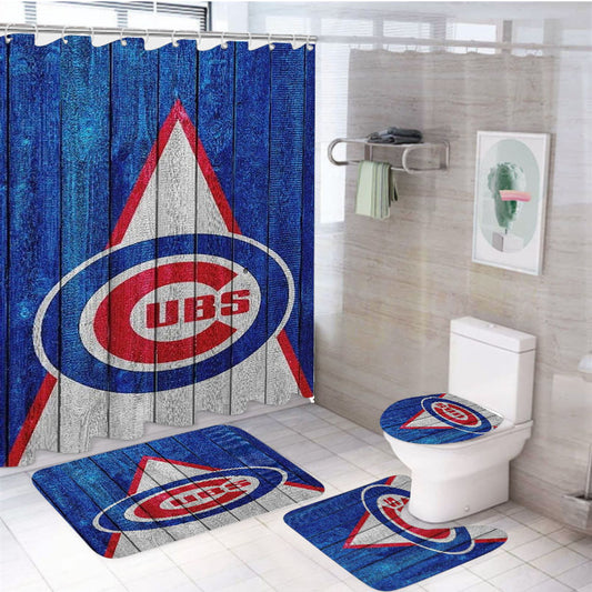 Chicago Cubs In Wood Background 4Pcs Bathroom Set Shower Curtain