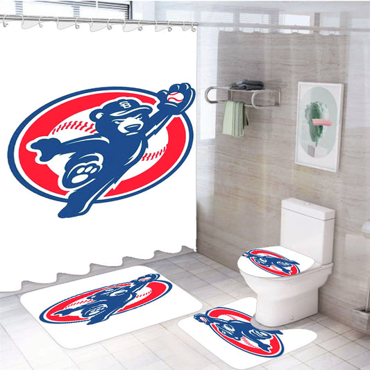 Chicago Cubs Logo Bear Jump 4Pcs Bathroom Set Shower Curtain