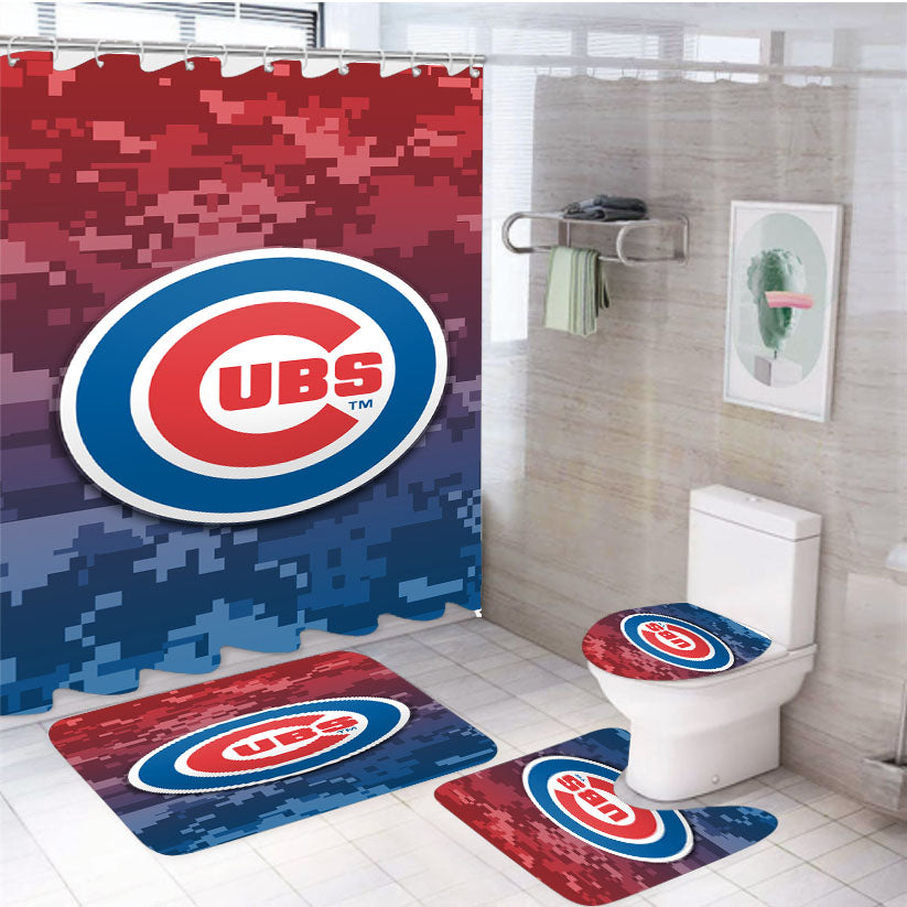 Chicago Cubs Logo Camo 4Pcs Bathroom Set Shower Curtain