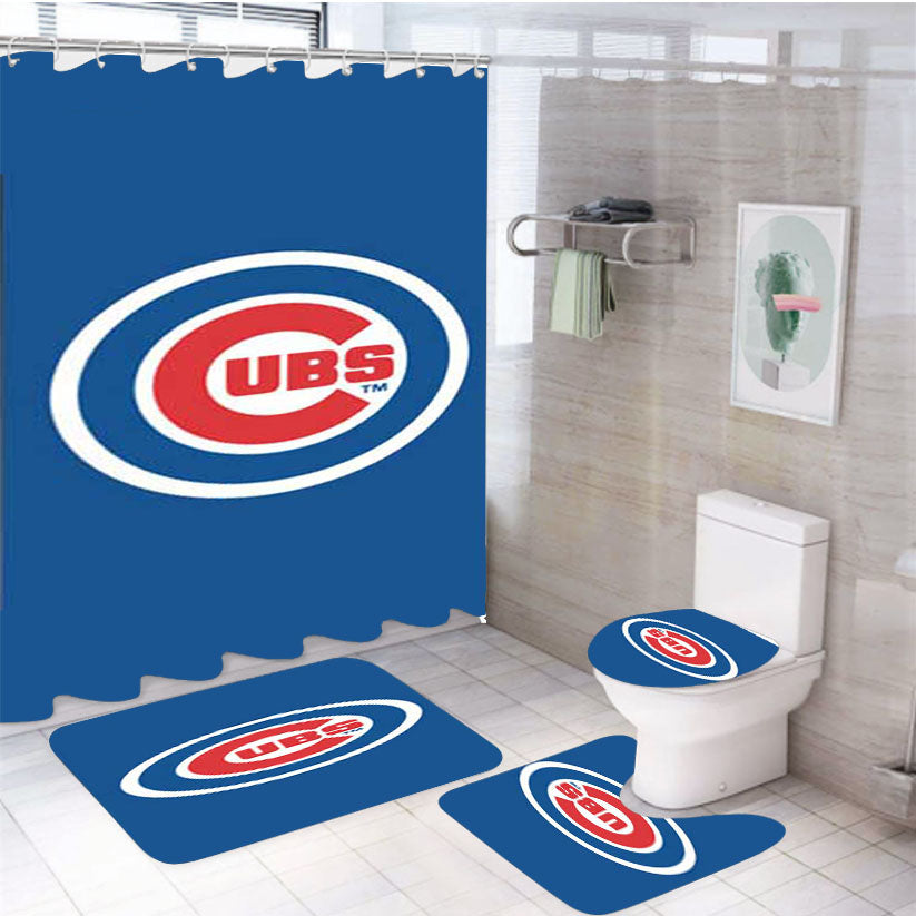 Chicago Cubs Logo On Blue 4Pcs Bathroom Set Shower Curtain