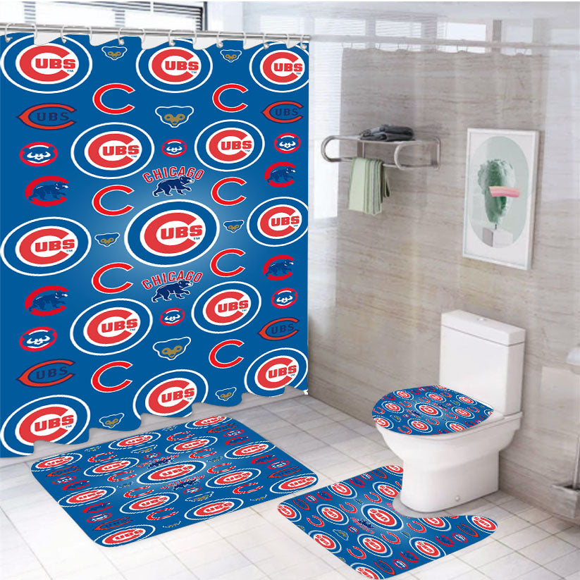 Chicago Cubs Logo Pattern Blue 4Pcs Bathroom Set Shower Curtain