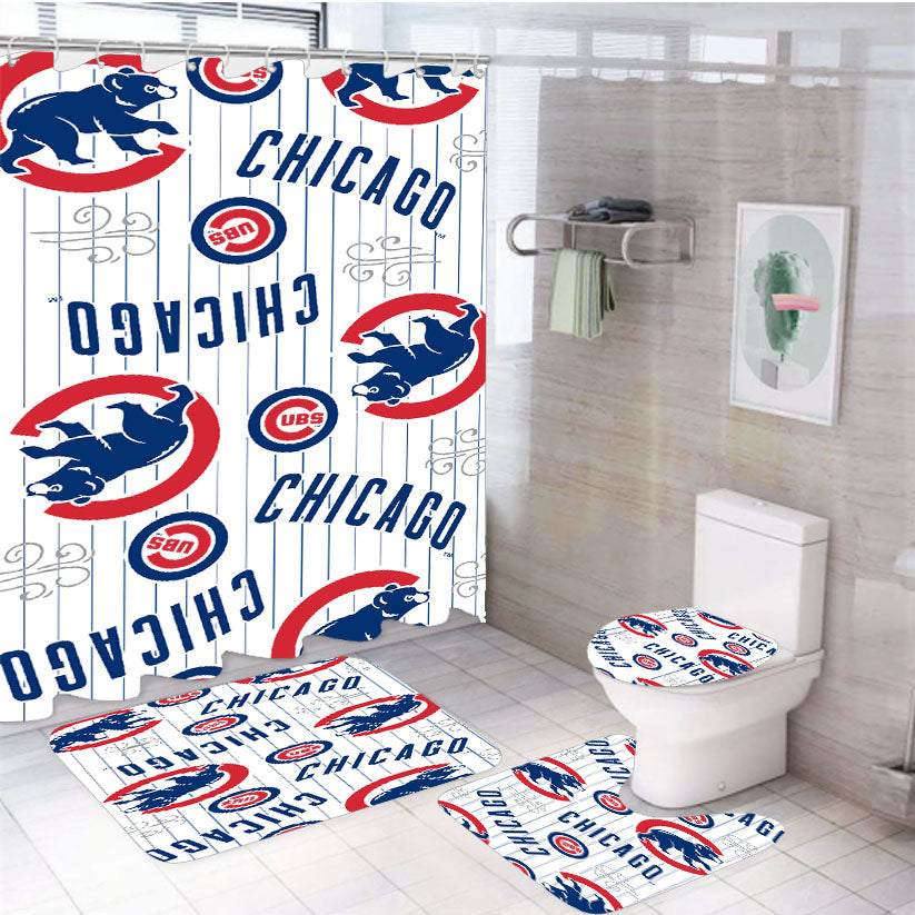 Chicago Cubs Logo Stripe 4Pcs Bathroom Set Shower Curtain