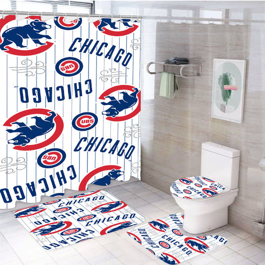 Chicago Cubs Logo Stripe 4Pcs Bathroom Set Shower Curtain