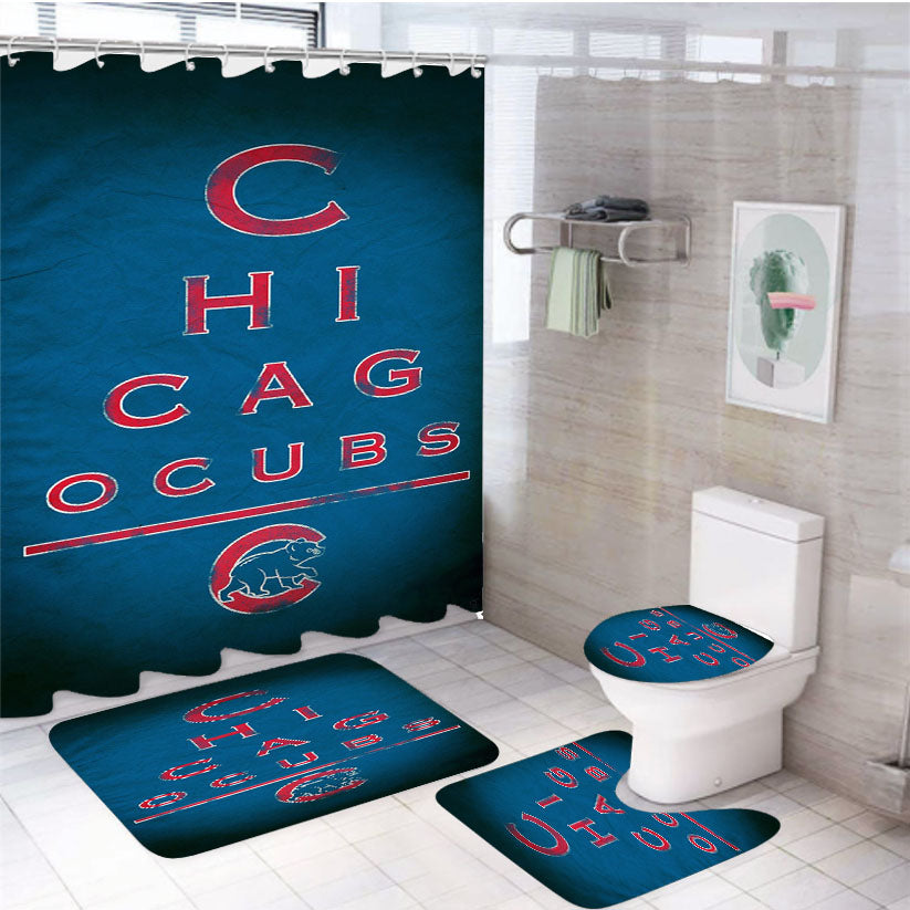 Chicago Cubs Mlb Blue Wallpaper Minimalist 4Pcs Bathroom Set Shower Curtain