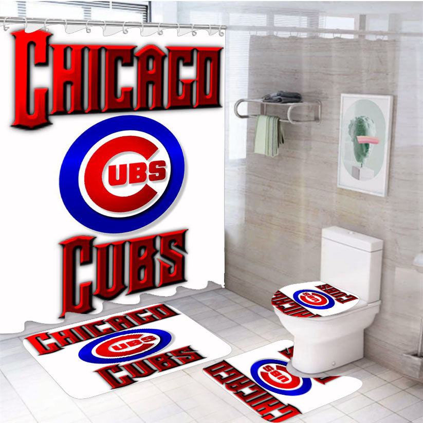Chicago Cubs Red Text Chrome 4Pcs Bathroom Set Shower Curtain