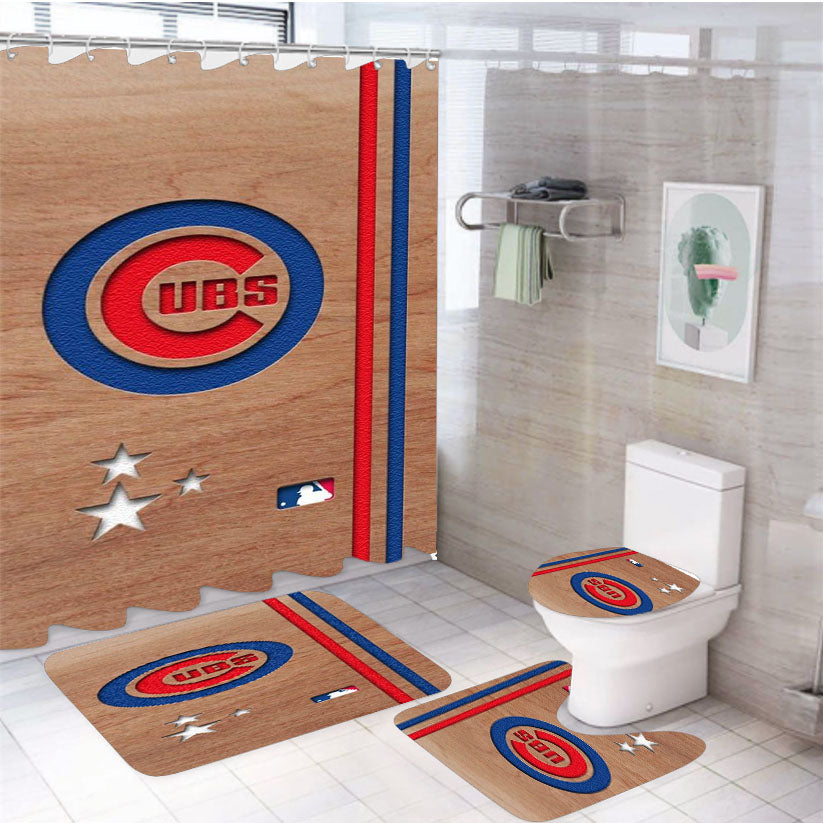 Chicago Cubs Star Wooden 4Pcs Bathroom Set Shower Curtain