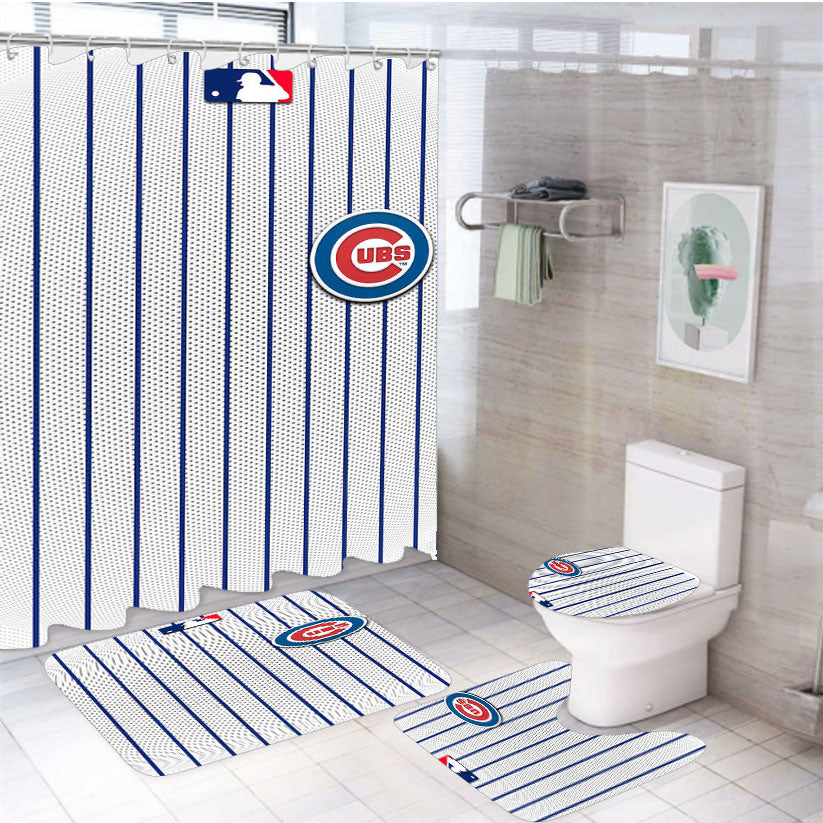 Chicago Cubs Stripe Baseball 4Pcs Bathroom Set Shower Curtain