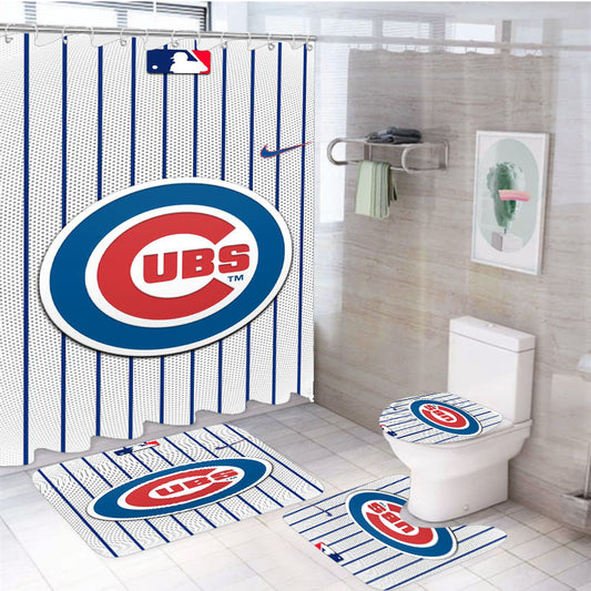 Chicago Cubs Stripe Cente 4Pcs Bathroom Set Shower Curtain