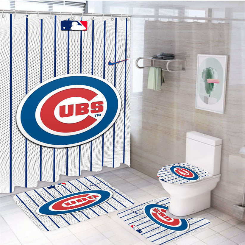 Chicago Cubs Stripe Center Logo 4Pcs Bathroom Set Shower Curtain