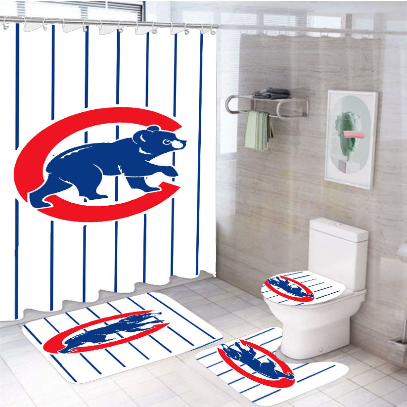 Chicago Cubs Stripe Logo 4Pcs Bathroom Set Shower Curtain
