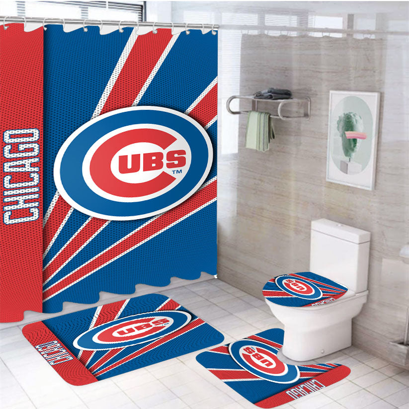 Chicago Cubs Stripe Wallpaper 4Pcs Bathroom Set Shower Curtain
