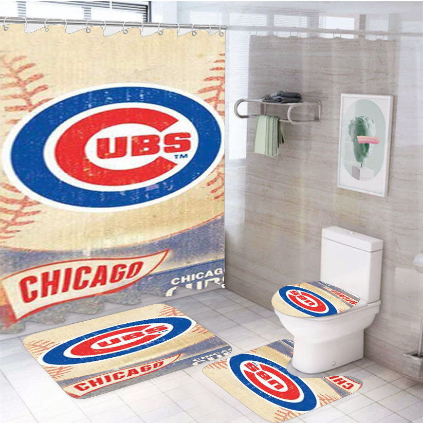 Chicago Cubs Vintage Card 4Pcs Bathroom Set Shower Curtain