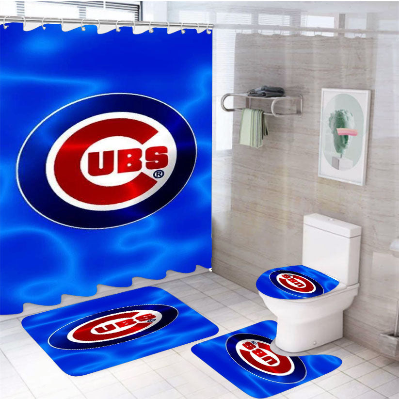 Chicago Cubs Wave Logo 4Pcs Bathroom Set Shower Curtain