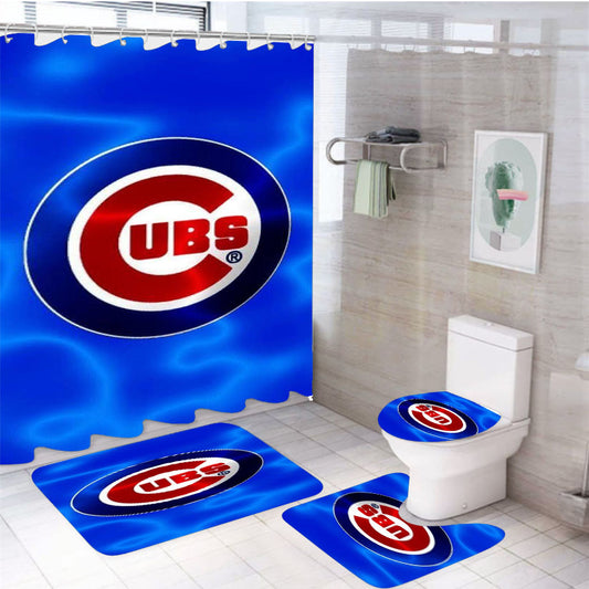 Chicago Cubs Wave Logo 4Pcs Bathroom Set Shower Curtain