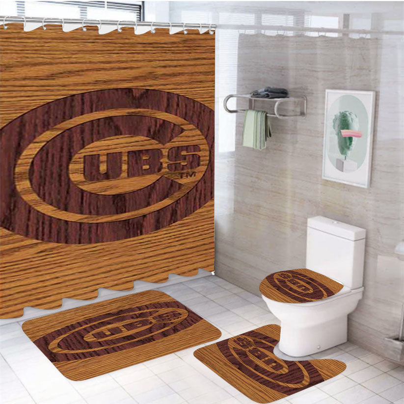 Chicago Cubs Woodcut 4Pcs Bathroom Set Shower Curtain