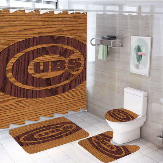 Chicago Cubs Woodcut 4Pcs Bathroom Set Shower Curtain