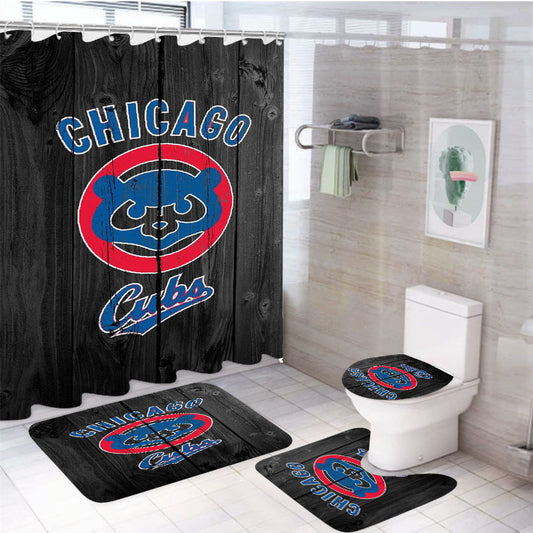 Chicago Cubs Wooden 4Pcs Bathroom Set Shower Curtain