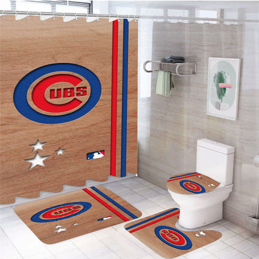 Chicago Cubs Wooden Star 4Pcs Bathroom Set Shower Curtain