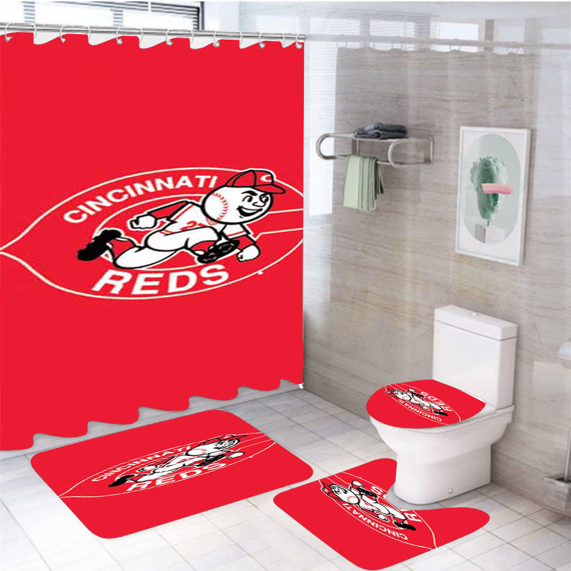 Cincinnati Reds Logo On Red 4Pcs Bathroom Set Shower Curtain
