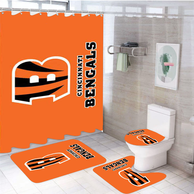 Cinncinnati Bengals Logo On Orange 4Pcs Bathroom Set Shower Curtain