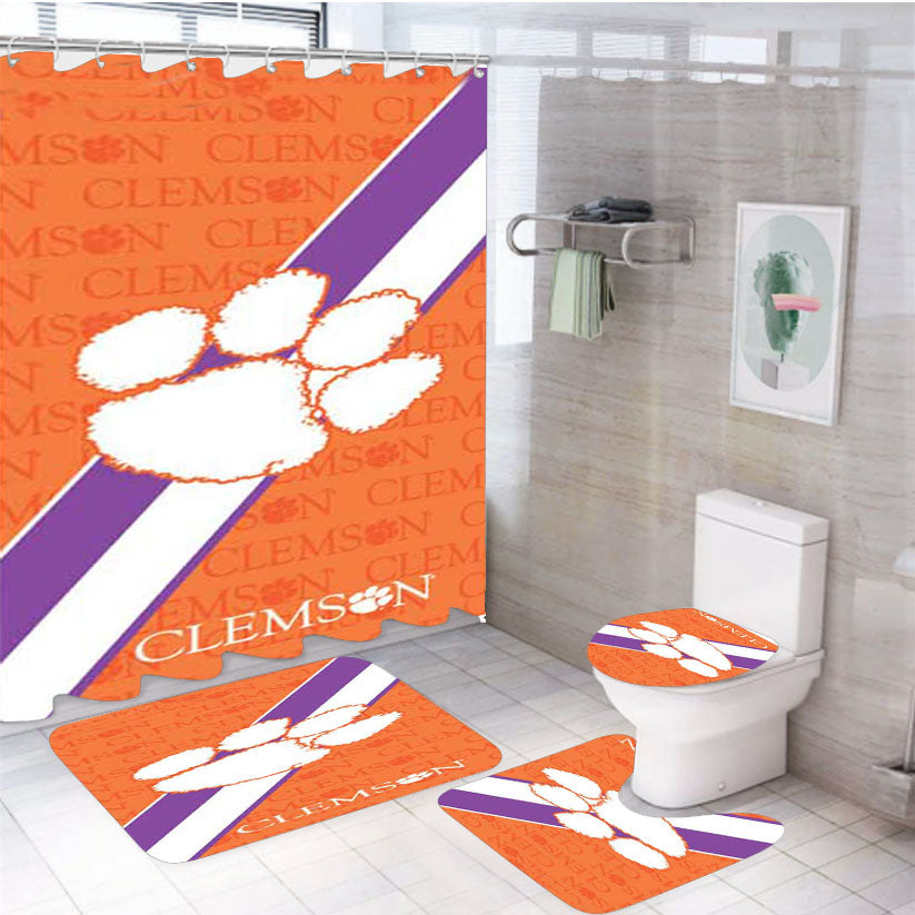 Clemson Tigers Logo Repeat 4Pcs Bathroom Set Shower Curtain