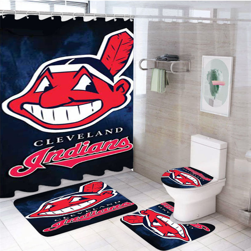 Cleveland Indians Logo Blue Fade 4Pcs Bathroom Set Shower Curtain