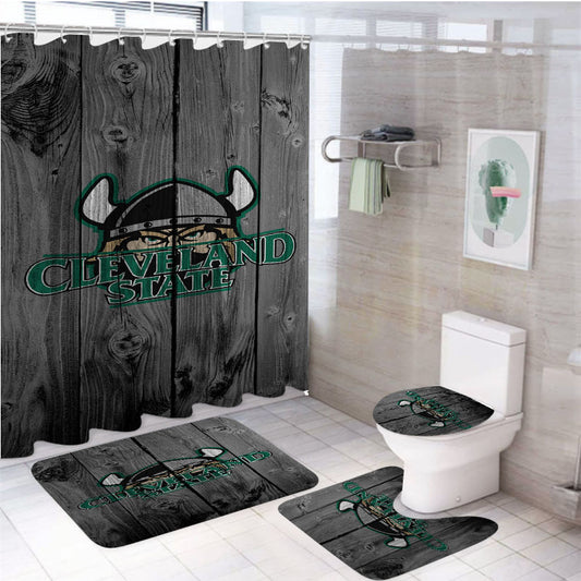 Cleveland State University Mascot Logo Dark Wood Wallpaper 4Pcs Bathroom Set Shower Curtain