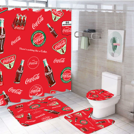 Coca Cola Allover Cotton 4Pcs Bathroom Set Shower Curtain
