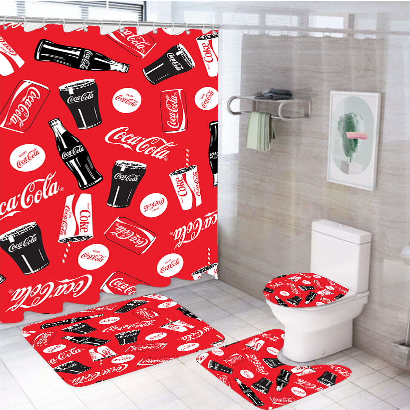 Coca Cola Bottle Can Allover 4Pcs Bathroom Set Shower Curtain