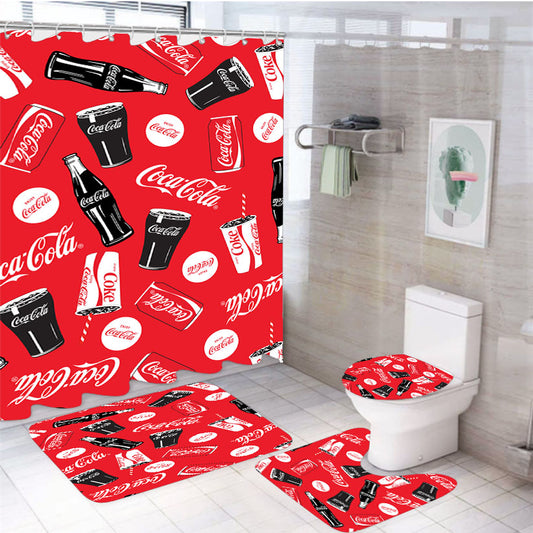 Coca Cola Bottle Can Allover 4Pcs Bathroom Set Shower Curtain