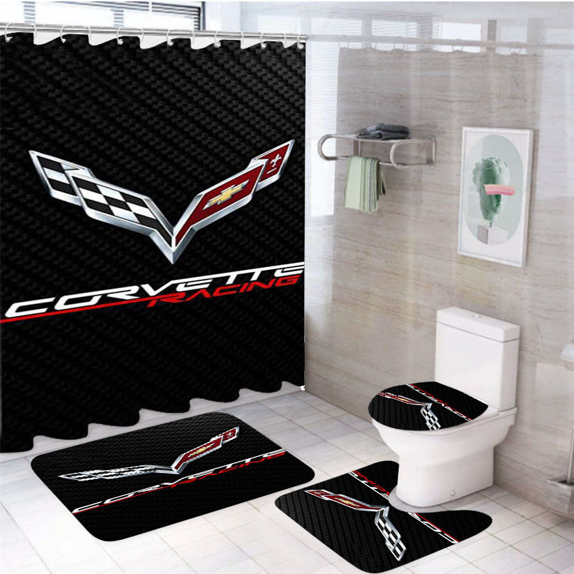 Corvette Logo Carbon 4Pcs Bathroom Set Shower Curtain