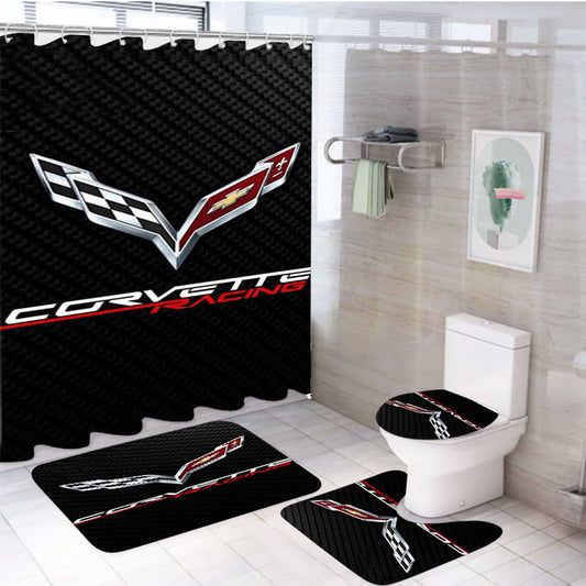 Corvette Logo Carbon 4Pcs Bathroom Set Shower Curtain