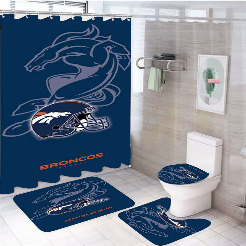 Denver Broncos Helmet On Blue 4Pcs Bathroom Set Shower Curtain