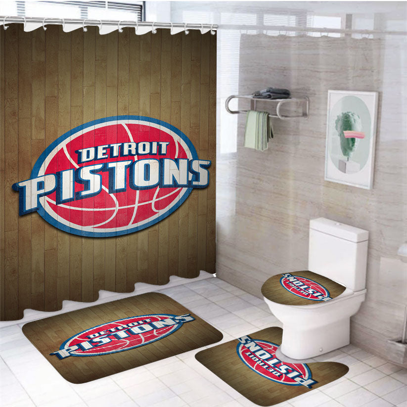 Detroit Pistons Nba Wood Logo 4Pcs Bathroom Set Shower Curtain