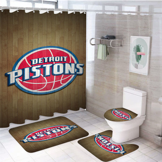 Detroit Pistons Nba Wood Logo 4Pcs Bathroom Set Shower Curtain