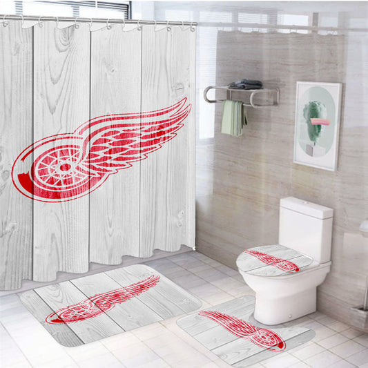 Detroit Red Wings Logo Wood Wallpaper 4Pcs Bathroom Set Shower Curtain