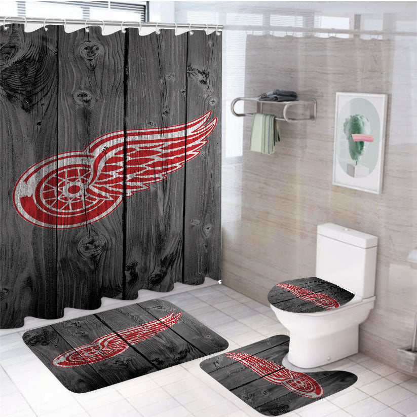 Detroit Red Wings Nhl Logo Dark Wood Wallpaper 4Pcs Bathroom Set Shower Curtain