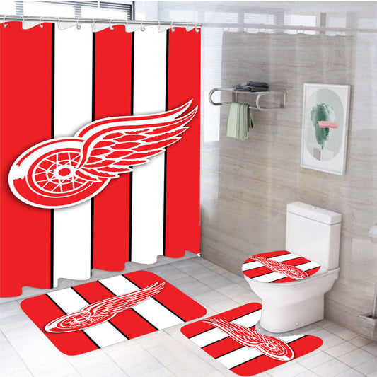 Detroit Red Wings Stripe Football Logo 4Pcs Bathroom Set Shower Curtain