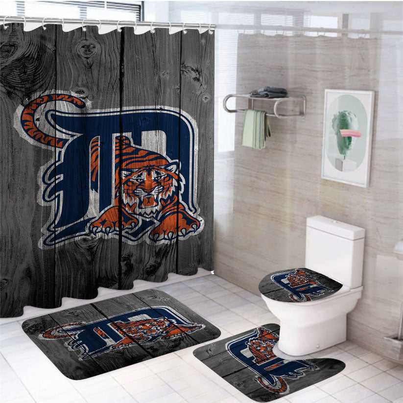 Detroit Tigers Mlb Logo Dark Wood Wallpaper 4Pcs Bathroom Set Shower Curtain