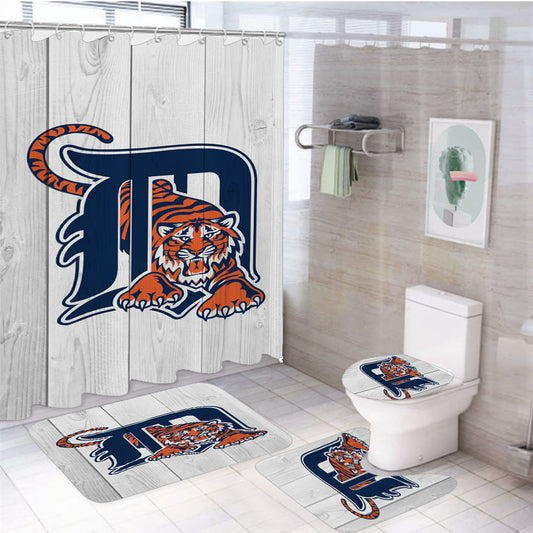 Detroit Tigers Mlb Logo White 4Pcs Bathroom Set Shower Curtain