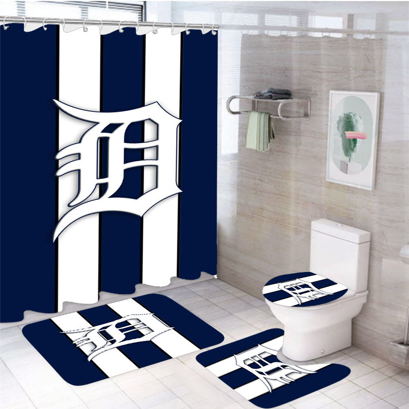 Detroit Tigers Stripe Logo Wallpaper 4Pcs Bathroom Set Shower Curtain