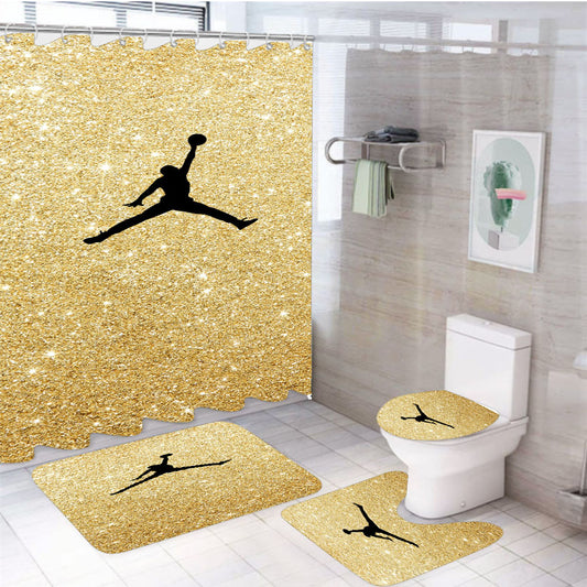 Gold Glitter Air Jordan Logo 4Pcs Bathroom Set Shower Curtain