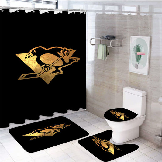Gold Pittsburgh Penguin Logo 4Pcs Bathroom Set Shower Curtain