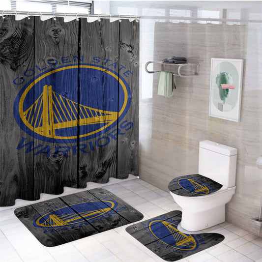 Golden State Warriors Nba Logo Dark Wood Wallpaper 4Pcs Bathroom Set Shower Curtain