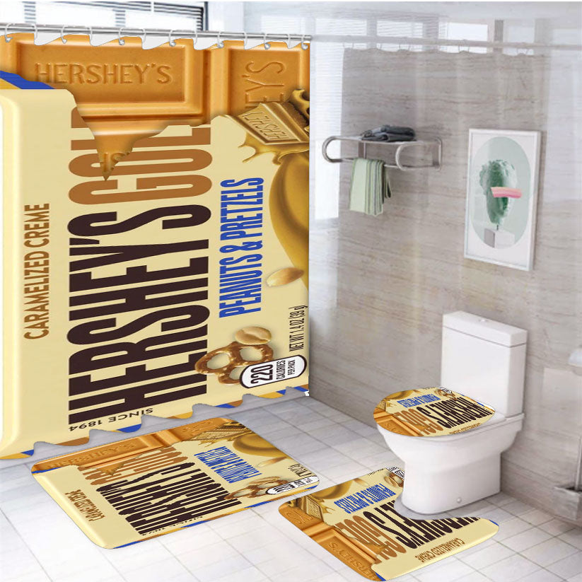 Hershey Gold Peanuts Pretzels Chocolate Candy Bar 4Pcs Bathroom Set Shower Curtain