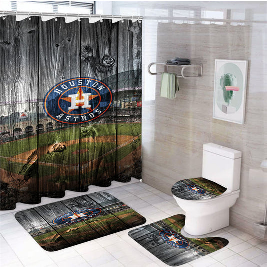 Houston Astros Mlb Stadium Logo Dark Wood Wallpaper 4Pcs Bathroom Set Shower Curtain