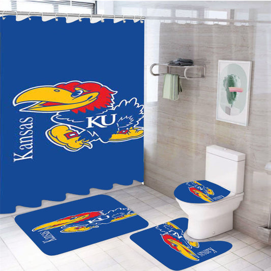 Kansas Jawhawks Logo Over Blue 4Pcs Bathroom Set Shower Curtain