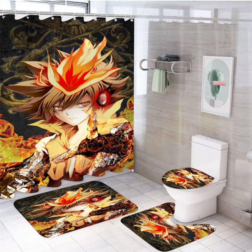 Katekyo Hitman Reborn! Fire Flame Hitman Reborn Tsunayoshi Sawada 4Pcs Bathroom Set Shower Curtain