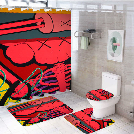 Kaws Mural Color Red 4Pcs Bathroom Set Shower Curtain