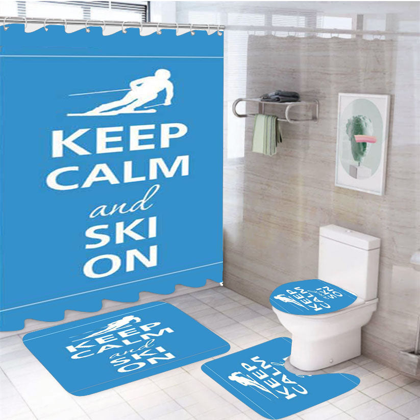 Keep Calm Ski On Blue Bkg 4Pcs Bathroom Set Shower Curtain